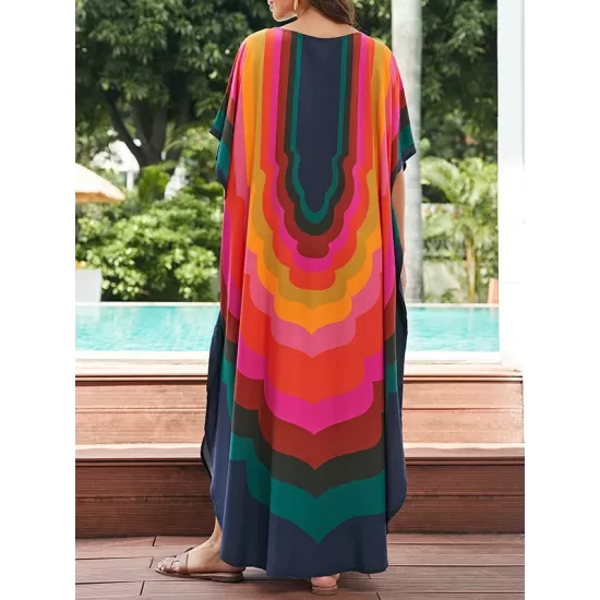 Contrast Color Printed Sun Protection Batwing Sleeves Loose Round-Neck Maxi Dresses Contrast Color Printed Sun Protection Batwing Sleeves Loose Round-Neck Maxi Dresses