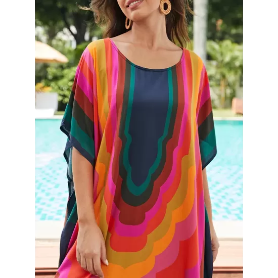 Contrast Color Printed Sun Protection Batwing Sleeves Loose Round-Neck Maxi Dresses Contrast Color Printed Sun Protection Batwing Sleeves Loose Round-Neck Maxi Dresses