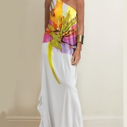 Loose Sleeveless Asymmetric Flower Print One-Shoulder Maxi Dresses
