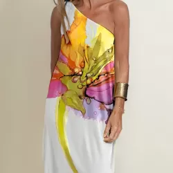 Loose Sleeveless Asymmetric Flower Print One-Shoulder Maxi Dresses