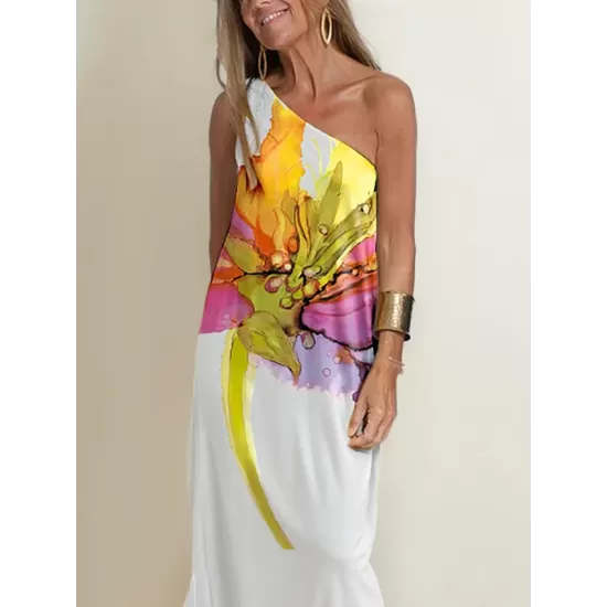 Loose Sleeveless Asymmetric Flower Print One-Shoulder Maxi Dresses Loose Sleeveless Asymmetric Flower Print One-Shoulder Maxi Dresses