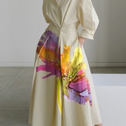 Long Sleeves Loose Floral Printed Pleated Split-Joint Tied Waist Lapel Midi Dresses Shirt Dress