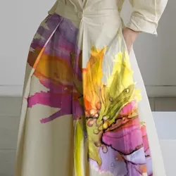 Long Sleeves Loose Floral Printed Pleated Split-Joint Tied Waist Lapel Midi Dresses Shirt Dress