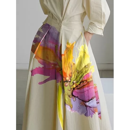Long Sleeves Loose Floral Printed Pleated Split-Joint Tied Waist Lapel Midi Dresses Shirt Dress Long Sleeves Loose Floral Printed Pleated Split-Joint Tied Waist Lapel Midi Dresses Shirt Dress