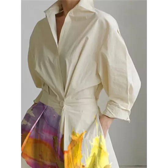 Long Sleeves Loose Floral Printed Pleated Split-Joint Tied Waist Lapel Midi Dresses Shirt Dress Long Sleeves Loose Floral Printed Pleated Split-Joint Tied Waist Lapel Midi Dresses Shirt Dress