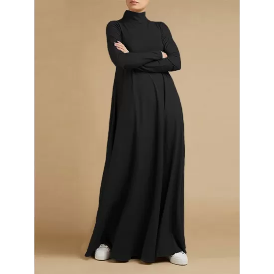 Casual Loose 4 Colors High-Neck Long Sleeves Maxi Dress Casual Loose 4 Colors High-Neck Long Sleeves Maxi Dress