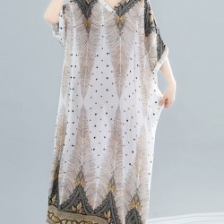 Ethnic Printed Plus Size V-Neck Batwing Sleeve Maxi Dress