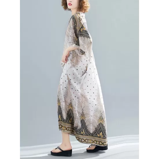 Ethnic Printed Plus Size V-Neck Batwing Sleeve Maxi Dress Ethnic Printed Plus Size V-Neck Batwing Sleeve Maxi Dress