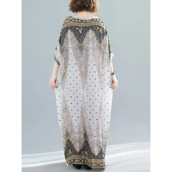 Ethnic Printed Plus Size V-Neck Batwing Sleeve Maxi Dress Ethnic Printed Plus Size V-Neck Batwing Sleeve Maxi Dress