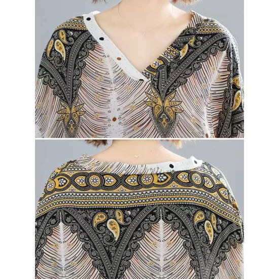 Ethnic Printed Plus Size V-Neck Batwing Sleeve Maxi Dress Ethnic Printed Plus Size V-Neck Batwing Sleeve Maxi Dress