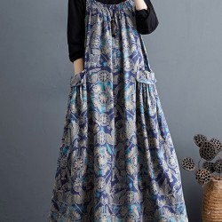 Artistic Retro Ramie Cotton Loose 3 Colors Floral Printed Square-Neck Sleeveless Strap Dress