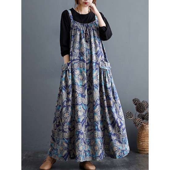 Artistic Retro Ramie Cotton Loose 3 Colors Floral Printed Square-Neck Sleeveless Strap Dress Artistic Retro Ramie Cotton Loose 3 Colors Floral Printed Square-Neck Sleeveless Strap Dress