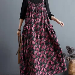 Artistic Retro Ramie Cotton Loose 3 Colors Floral Printed Square-Neck Sleeveless Strap Dress