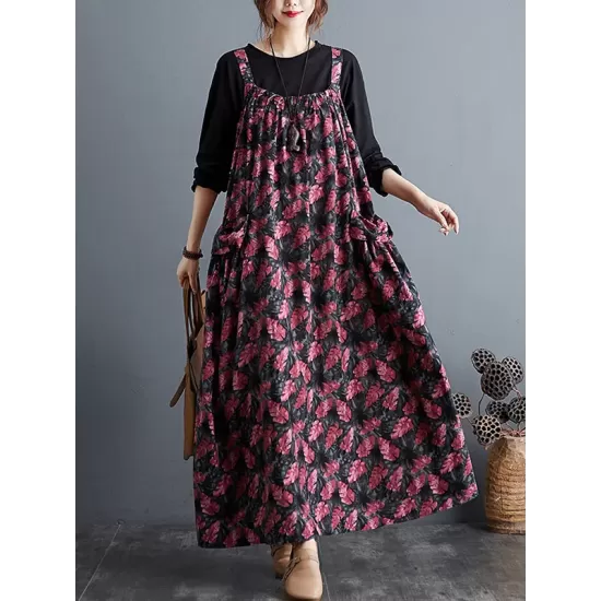 Artistic Retro Ramie Cotton Loose 3 Colors Floral Printed Square-Neck Sleeveless Strap Dress Artistic Retro Ramie Cotton Loose 3 Colors Floral Printed Square-Neck Sleeveless Strap Dress