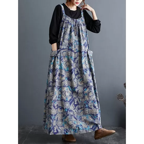 Artistic Retro Ramie Cotton Loose 3 Colors Floral Printed Square-Neck Sleeveless Strap Dress Artistic Retro Ramie Cotton Loose 3 Colors Floral Printed Square-Neck Sleeveless Strap Dress