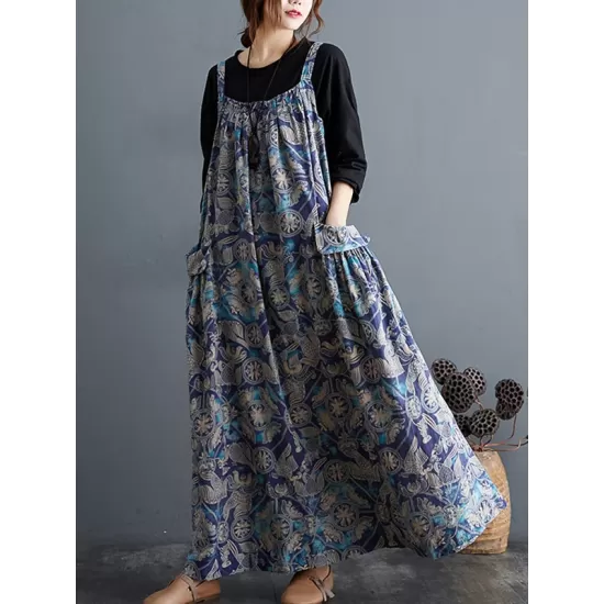 Artistic Retro Ramie Cotton Loose 3 Colors Floral Printed Square-Neck Sleeveless Strap Dress Artistic Retro Ramie Cotton Loose 3 Colors Floral Printed Square-Neck Sleeveless Strap Dress