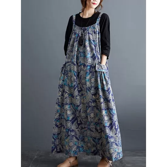 Artistic Retro Ramie Cotton Loose 3 Colors Floral Printed Square-Neck Sleeveless Strap Dress Artistic Retro Ramie Cotton Loose 3 Colors Floral Printed Square-Neck Sleeveless Strap Dress