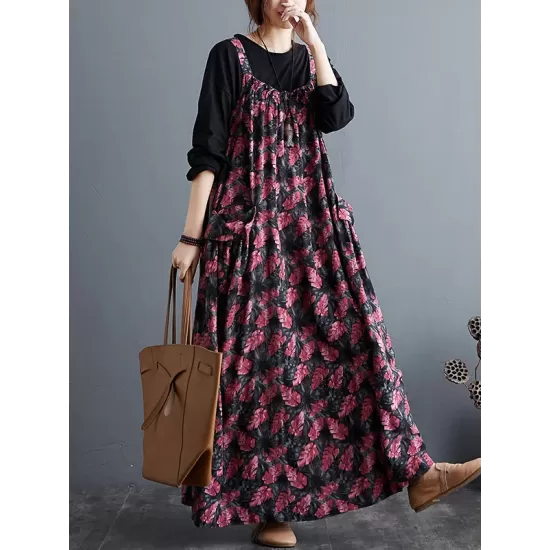 Artistic Retro Ramie Cotton Loose 3 Colors Floral Printed Square-Neck Sleeveless Strap Dress Artistic Retro Ramie Cotton Loose 3 Colors Floral Printed Square-Neck Sleeveless Strap Dress
