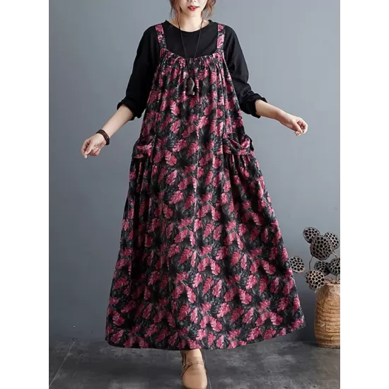 Artistic Retro Ramie Cotton Loose 3 Colors Floral Printed Square-Neck Sleeveless Strap Dress Artistic Retro Ramie Cotton Loose 3 Colors Floral Printed Square-Neck Sleeveless Strap Dress