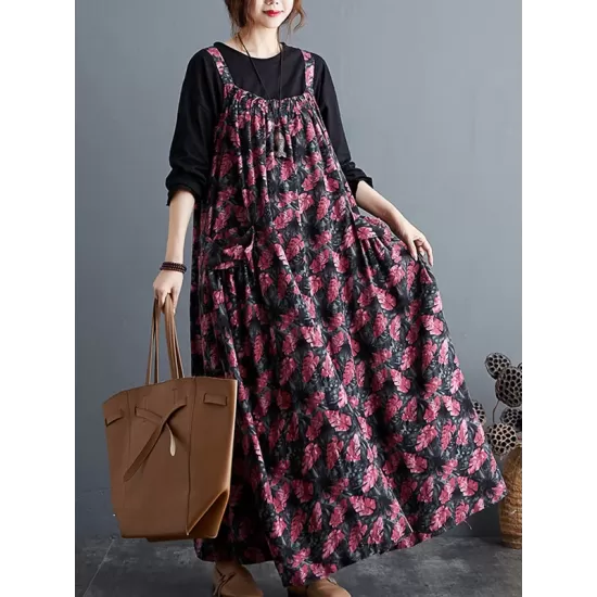 Artistic Retro Ramie Cotton Loose 3 Colors Floral Printed Square-Neck Sleeveless Strap Dress Artistic Retro Ramie Cotton Loose 3 Colors Floral Printed Square-Neck Sleeveless Strap Dress