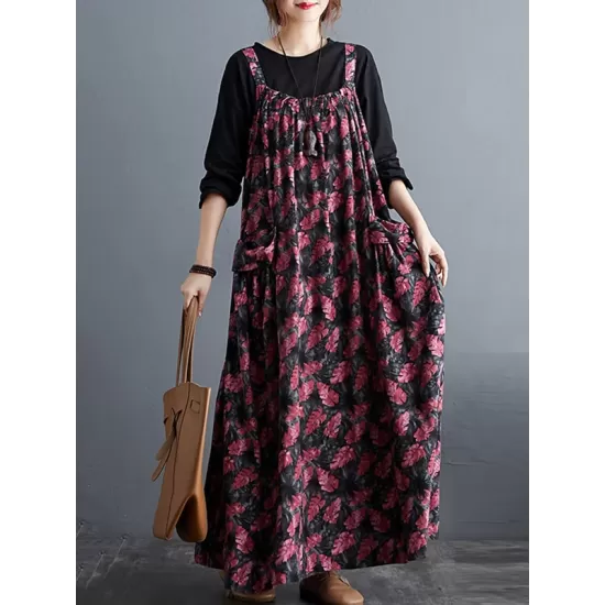 Artistic Retro Ramie Cotton Loose 3 Colors Floral Printed Square-Neck Sleeveless Strap Dress Artistic Retro Ramie Cotton Loose 3 Colors Floral Printed Square-Neck Sleeveless Strap Dress