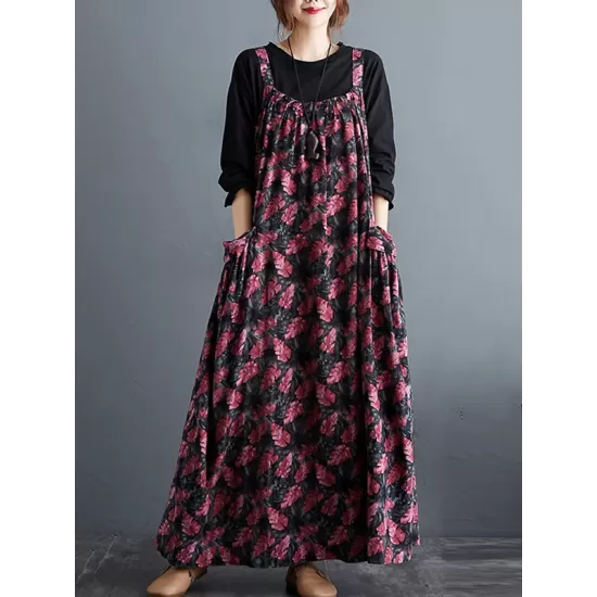 Artistic Retro Ramie Cotton Loose 3 Colors Floral Printed Square-Neck Sleeveless Strap Dress Artistic Retro Ramie Cotton Loose 3 Colors Floral Printed Square-Neck Sleeveless Strap Dress