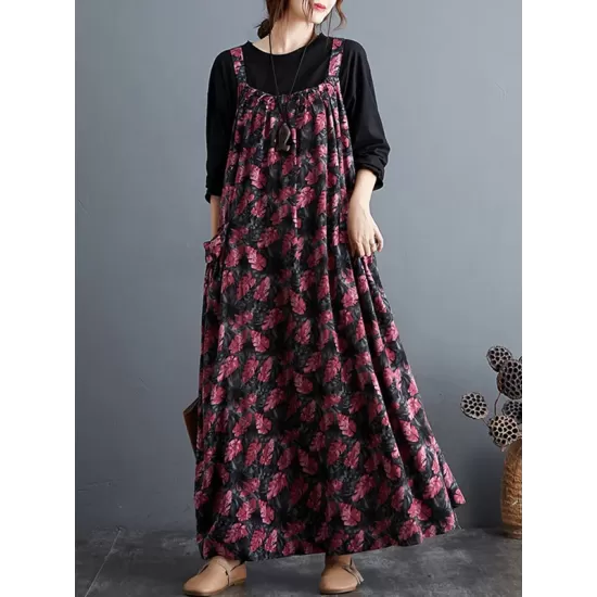 Artistic Retro Ramie Cotton Loose 3 Colors Floral Printed Square-Neck Sleeveless Strap Dress Artistic Retro Ramie Cotton Loose 3 Colors Floral Printed Square-Neck Sleeveless Strap Dress
