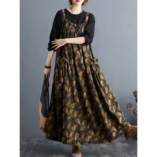Artistic Retro Ramie Cotton Loose 3 Colors Floral Printed Square-Neck Sleeveless Strap Dress Artistic Retro Ramie Cotton Loose 3 Colors Floral Printed Square-Neck Sleeveless Strap Dress
