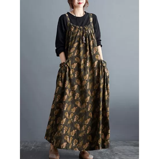 Artistic Retro Ramie Cotton Loose 3 Colors Floral Printed Square-Neck Sleeveless Strap Dress Artistic Retro Ramie Cotton Loose 3 Colors Floral Printed Square-Neck Sleeveless Strap Dress