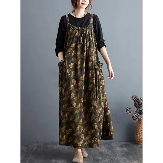 Artistic Retro Ramie Cotton Loose 3 Colors Floral Printed Square-Neck Sleeveless Strap Dress Artistic Retro Ramie Cotton Loose 3 Colors Floral Printed Square-Neck Sleeveless Strap Dress