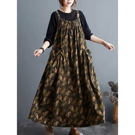 Artistic Retro Ramie Cotton Loose 3 Colors Floral Printed Square-Neck Sleeveless Strap Dress Artistic Retro Ramie Cotton Loose 3 Colors Floral Printed Square-Neck Sleeveless Strap Dress