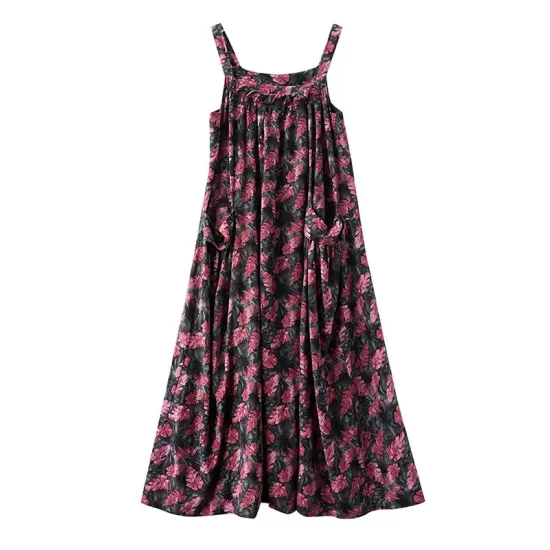 Artistic Retro Ramie Cotton Loose 3 Colors Floral Printed Square-Neck Sleeveless Strap Dress Artistic Retro Ramie Cotton Loose 3 Colors Floral Printed Square-Neck Sleeveless Strap Dress