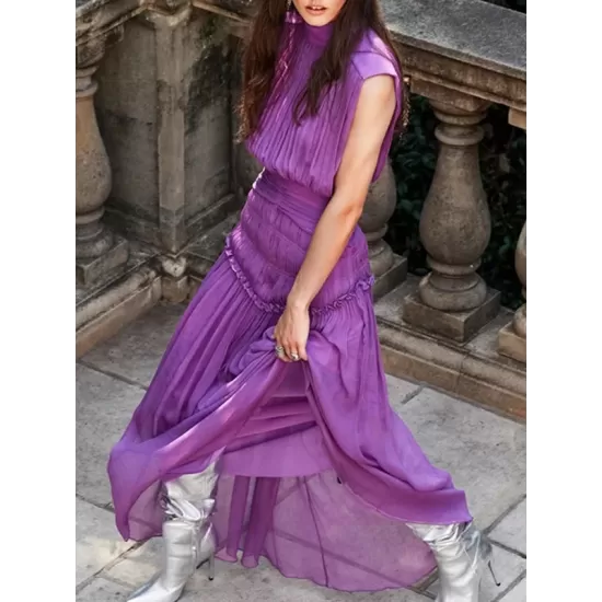 Urban Solid Color High Waisted Falbala Maxi Dress Urban Solid Color High Waisted Falbala Maxi Dress