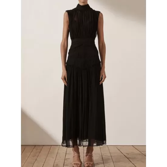 Urban Solid Color High Waisted Falbala Maxi Dress Urban Solid Color High Waisted Falbala Maxi Dress