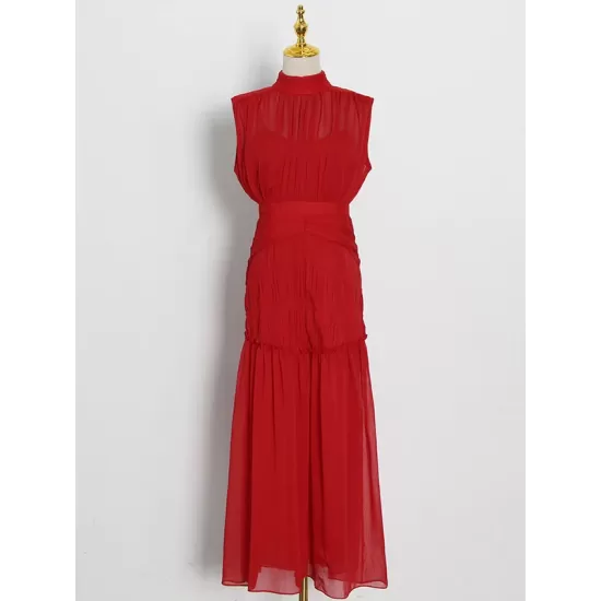 Urban Solid Color High Waisted Falbala Maxi Dress Urban Solid Color High Waisted Falbala Maxi Dress