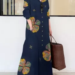 Vintage Floral Printed Lapel Oversize Maxi Dress