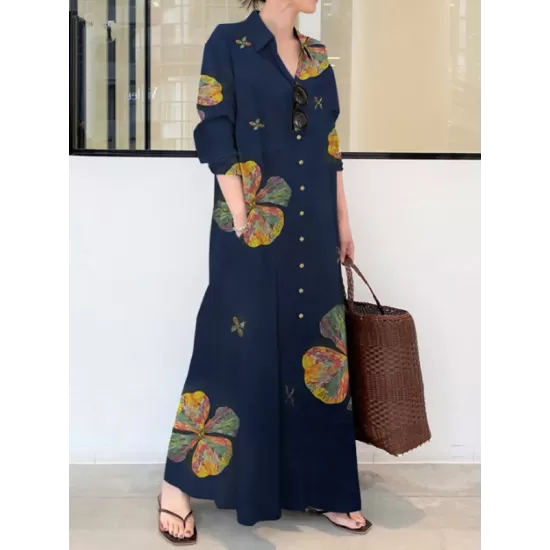 Vintage Floral Printed Lapel Oversize Maxi Dress Vintage Floral Printed Lapel Oversize Maxi Dress