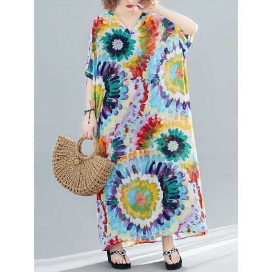 Vintage Loose Tie-Dyed Batwing Sleeves V-Neck Maxi Dress Vintage Loose Tie-Dyed Batwing Sleeves V-Neck Maxi Dress