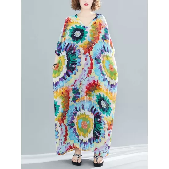 Vintage Loose Tie-Dyed Batwing Sleeves V-Neck Maxi Dress Vintage Loose Tie-Dyed Batwing Sleeves V-Neck Maxi Dress
