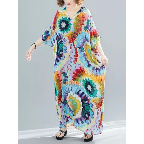 Vintage Loose Tie-Dyed Batwing Sleeves V-Neck Maxi Dress Vintage Loose Tie-Dyed Batwing Sleeves V-Neck Maxi Dress