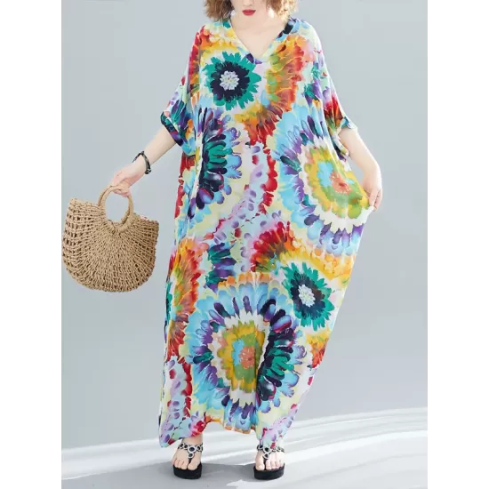 Vintage Loose Tie-Dyed Batwing Sleeves V-Neck Maxi Dress Vintage Loose Tie-Dyed Batwing Sleeves V-Neck Maxi Dress
