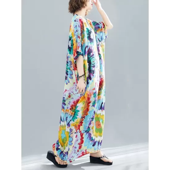 Vintage Loose Tie-Dyed Batwing Sleeves V-Neck Maxi Dress Vintage Loose Tie-Dyed Batwing Sleeves V-Neck Maxi Dress