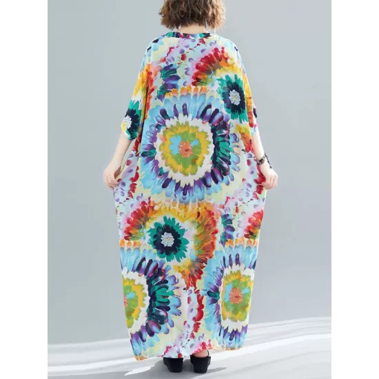 Vintage Loose Tie-Dyed Batwing Sleeves V-Neck Maxi Dress Vintage Loose Tie-Dyed Batwing Sleeves V-Neck Maxi Dress