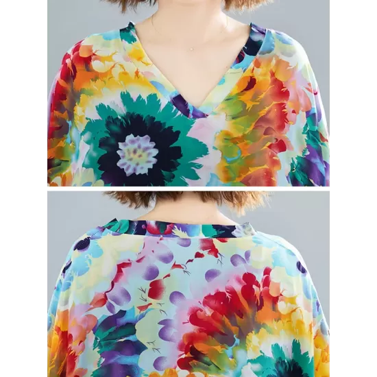 Vintage Loose Tie-Dyed Batwing Sleeves V-Neck Maxi Dress Vintage Loose Tie-Dyed Batwing Sleeves V-Neck Maxi Dress