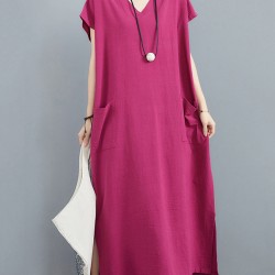 Simple Ramie Cotton Solid Color Split-Side With Pocket V-Neck Short Sleeves Maxi Dress
