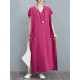 Simple Ramie Cotton Solid Color Split-Side With Pocket V-Neck Short Sleeves Maxi Dress Simple Ramie Cotton Solid Color Split-Side With Pocket V-Neck Short Sleeves Maxi Dress