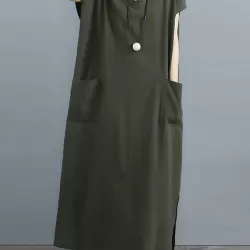 Simple Ramie Cotton Solid Color Split-Side With Pocket V-Neck Short Sleeves Maxi Dress