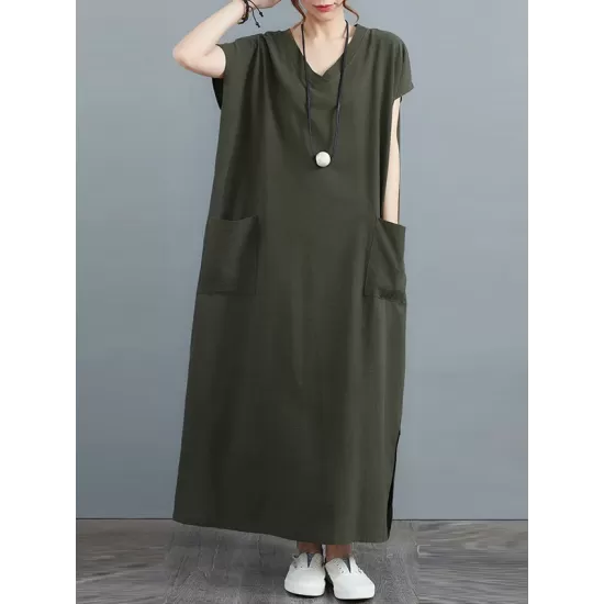Simple Ramie Cotton Solid Color Split-Side With Pocket V-Neck Short Sleeves Maxi Dress Simple Ramie Cotton Solid Color Split-Side With Pocket V-Neck Short Sleeves Maxi Dress