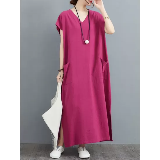 Simple Ramie Cotton Solid Color Split-Side With Pocket V-Neck Short Sleeves Maxi Dress Simple Ramie Cotton Solid Color Split-Side With Pocket V-Neck Short Sleeves Maxi Dress