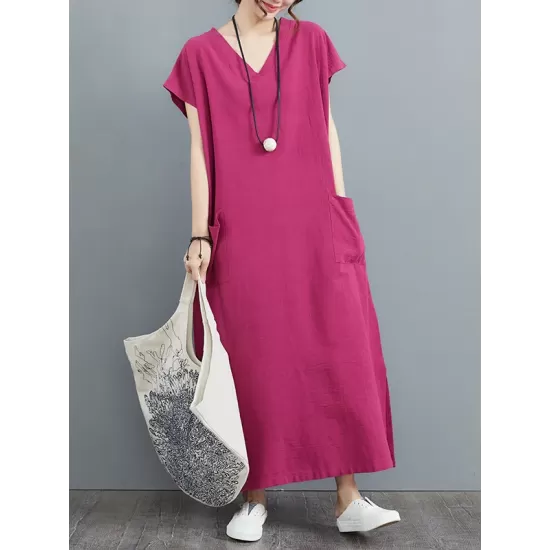 Simple Ramie Cotton Solid Color Split-Side With Pocket V-Neck Short Sleeves Maxi Dress Simple Ramie Cotton Solid Color Split-Side With Pocket V-Neck Short Sleeves Maxi Dress